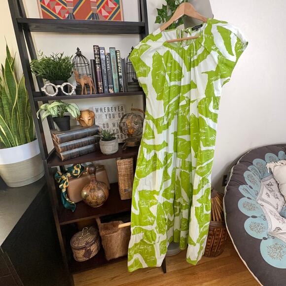 1. STATE Tiered Cotton Poplin Maxi Dress Green White Abstract Leaf Sz S {P34} - Picture 5 of 8